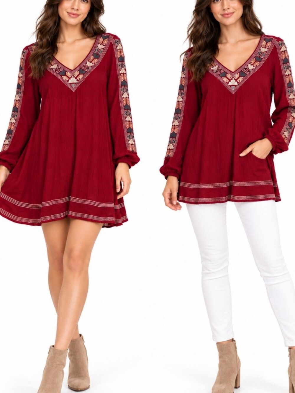 Abercrombie & Fitch Burgundy Embroidered Boho Tunic Mini Dress / Long top Small
